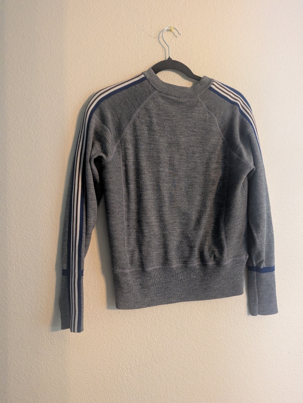 Athleta Grey Crewneck Sweater with Navy and White Shoulder Stripes